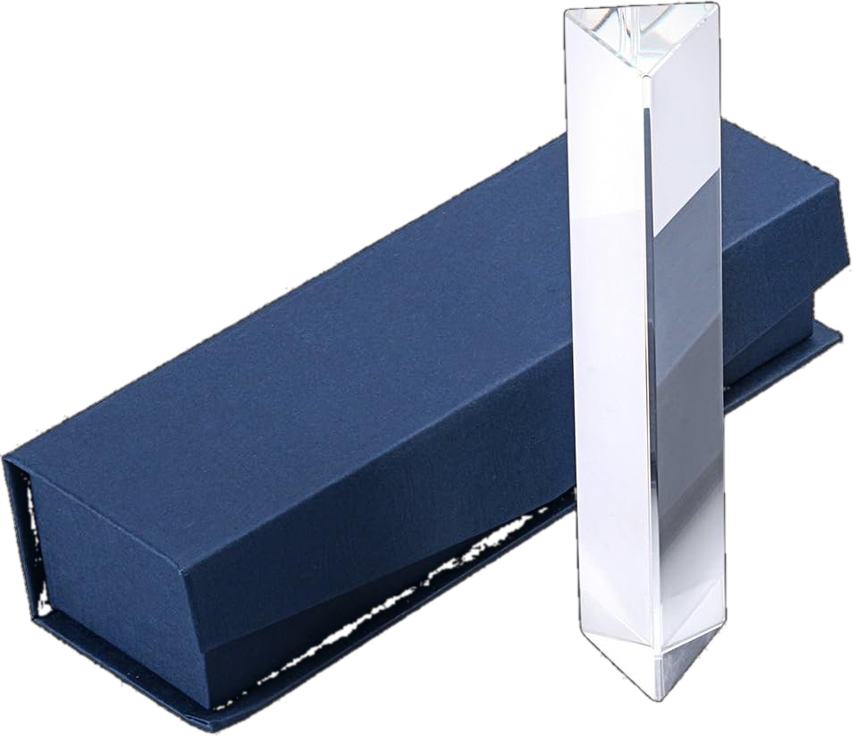 A triangular crystal prism in its navy gift box